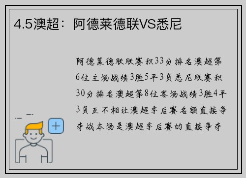 4.5澳超：阿德莱德联VS悉尼